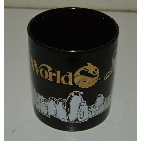 Nice Vintage SEA WORLD Penguins Whale Black & Gold Ceramic Coffee Mug Rare - Picture 2 of 8